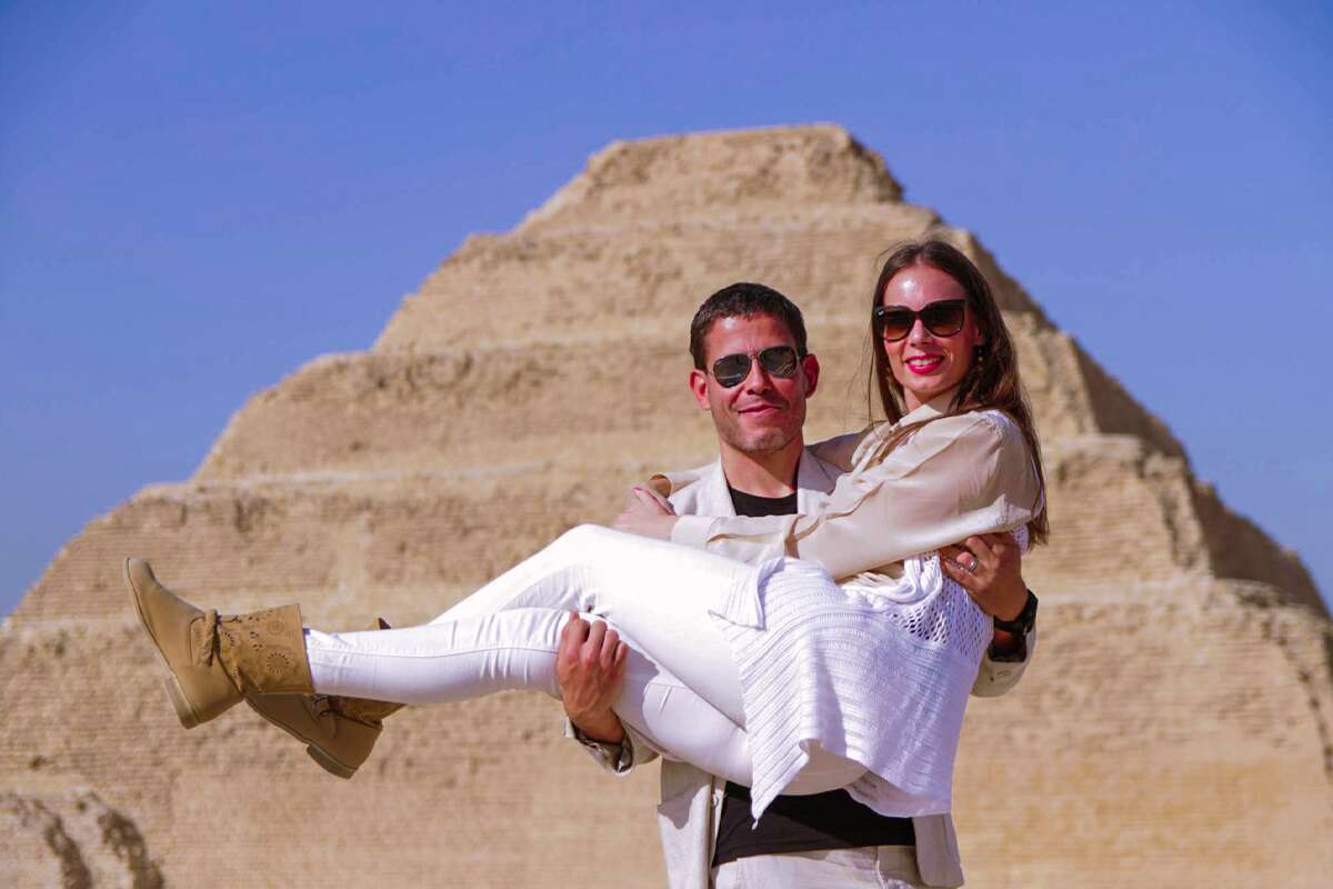 Giza Pyramids, Memphis And Sakkara Day Trip From Alexandria Port A picture of a visitor in front of the pyramid of Djoser